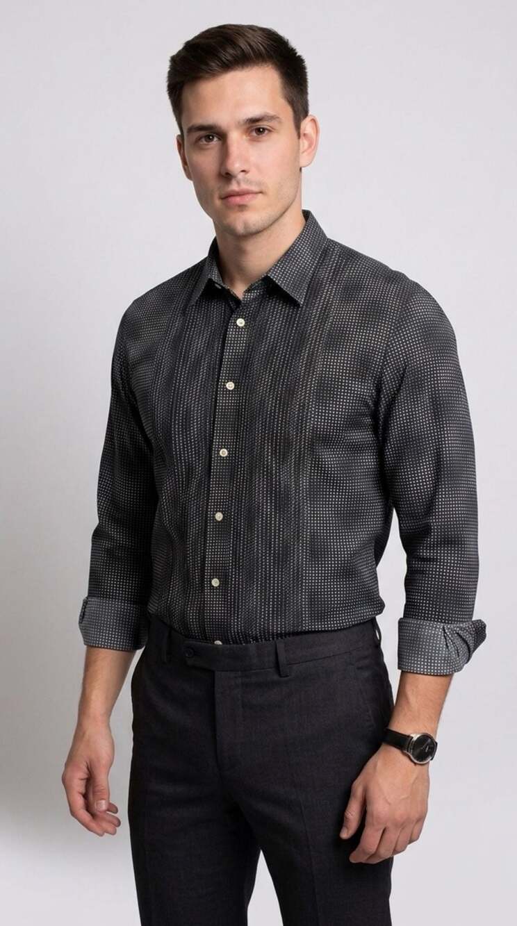 Armani Exchange Men's Black Geometric Micro-Print Long Sleeve Dress Shirt